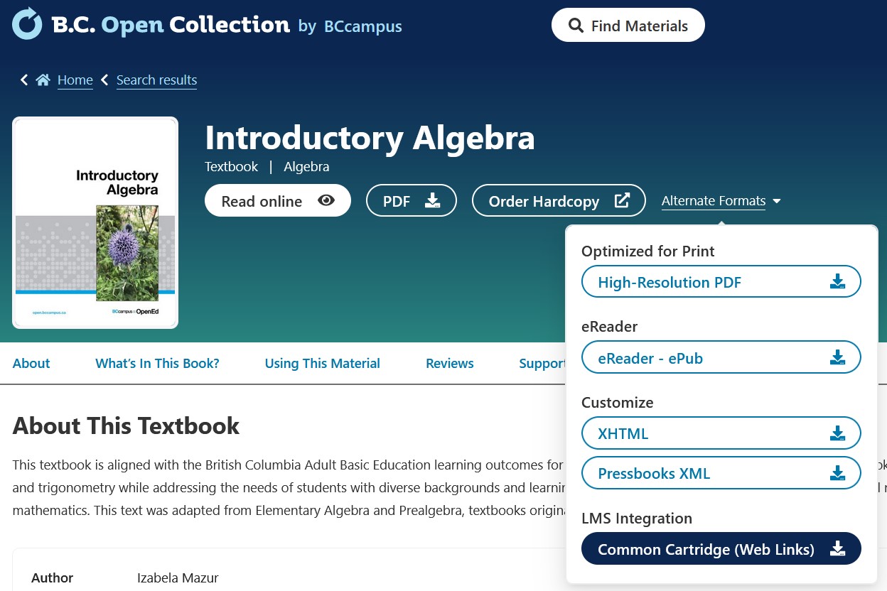 A screenshot of a book page in the BC Open Collection. The "Alternate Formats" drop-down is displaying with the "Common Cartridge" file selected.