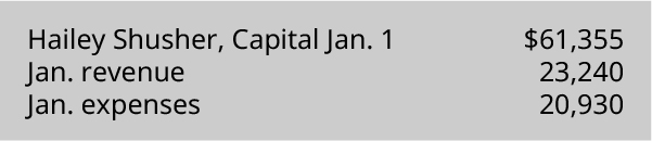 Hailey Shusher, Capital January 1 💲61,355, January Revenue 23,240, January Expenses 20,930.