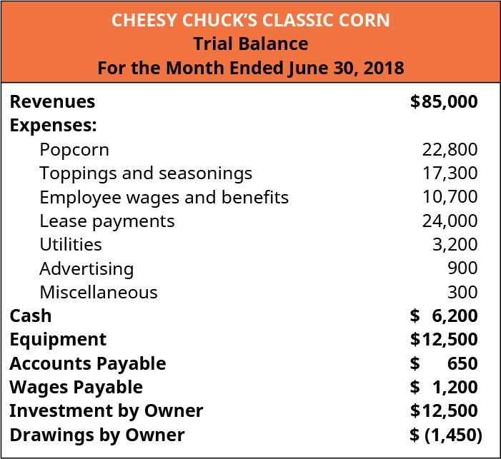 Cheesy Chuck’s Classic Corn, Trial Balance, For the Month Ended June 30, 2018. Revenues 💲85,000; Expenses: Popcorn 22,800, toppings and seasonings 17,300, Employee wages and benefits 10,700, Lease payments 24,000, Utilities 3,200, Advertising 900, Miscellaneous 300; Cash 6,200; Equipment 12,500; Accounts Payable 650; Wages Payable 1,200; Investment by Owner 12,500; Drawings by owner minus 1,450.