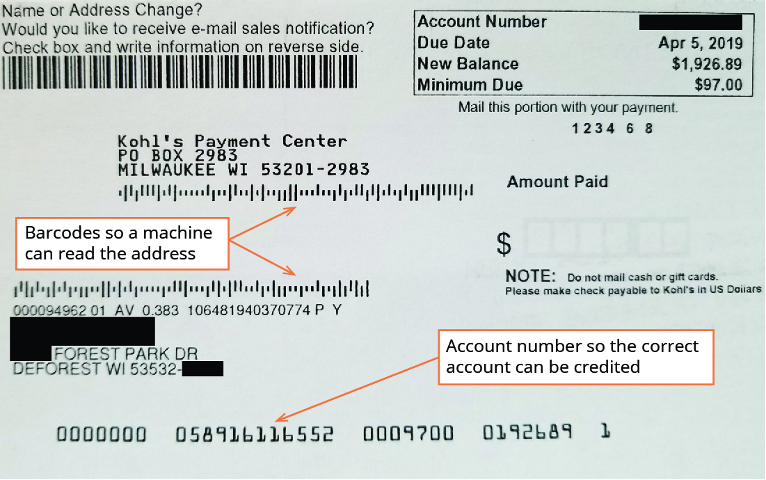 An example of the payment slip that customers return to a company with their payment.