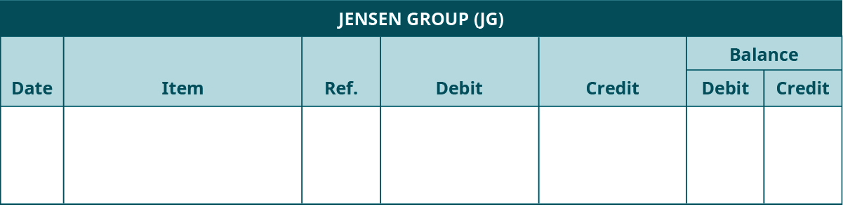 Accounts Receivable Subsidiary Ledger template. Jensen Group (JG). Seven columns, labeled left to right: Date, Item, Reference, Debit, Credit. The last two columns are headed Balance: Debit, Credit..