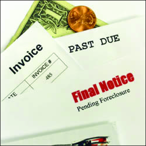 An image shows a dollar bill, a penny, and a stack of bills, including a past due notice, an invoice, and a final notice of pending foreclosure.