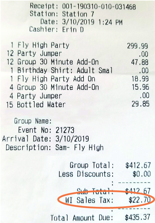A receipt from a purchase shows sales tax as part of the cost.