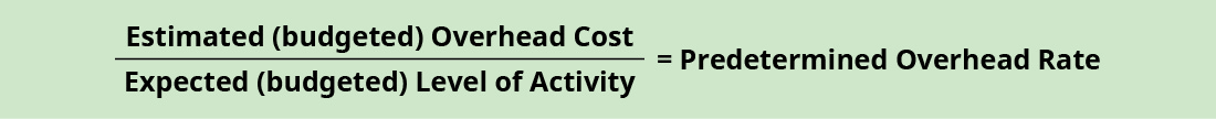 Formula: Estimated (budgeted) Overhead Cost divided by Expected (budgeted) Level of Activity equals Predetermined Overhead Rate.