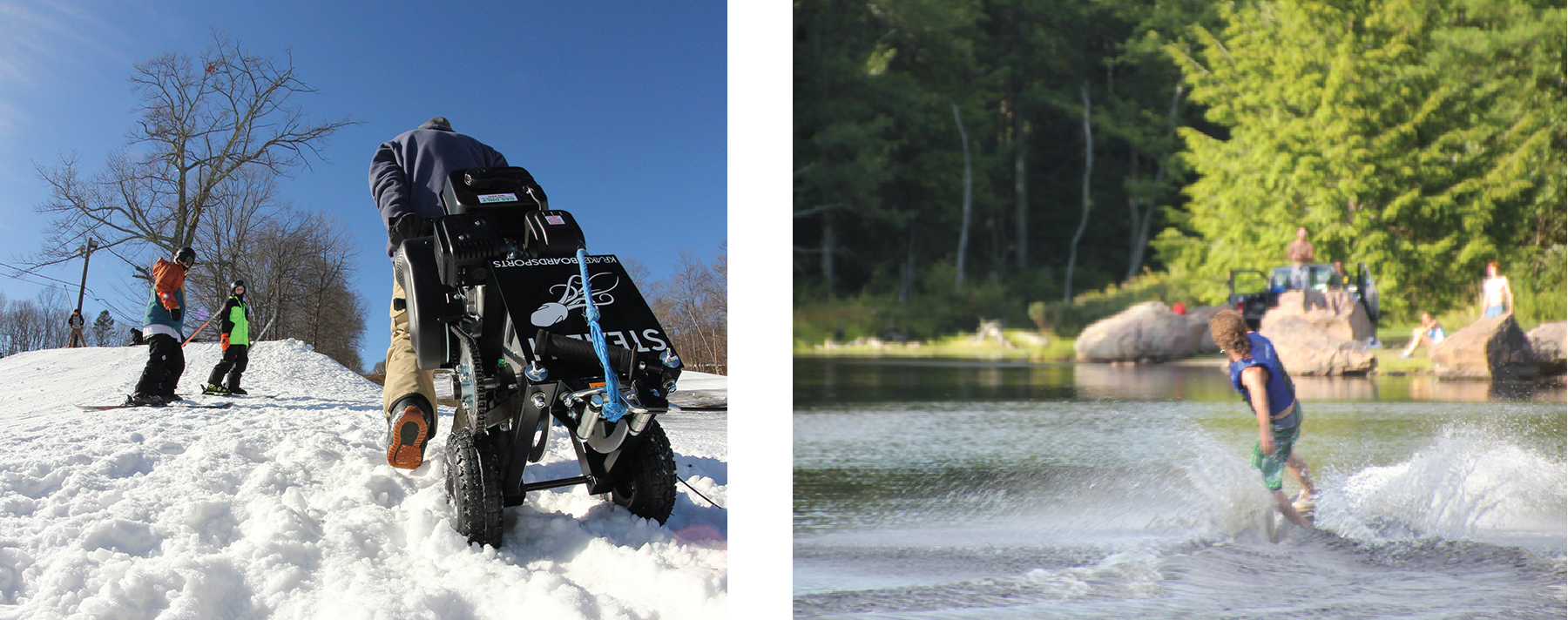 Una fotografía muestra a una persona subiendo una colina cubierta de nieve llevando un cabrestante con ruedas. Una fotografía muestra a una persona practicando ski-boarding en un lago.