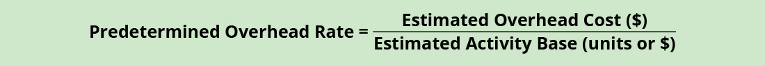 Formula: Predetermined Overhead Rate = Estimated Overhead Cost (in dollars) divided by Estimated Activity Base (in units or dollars).