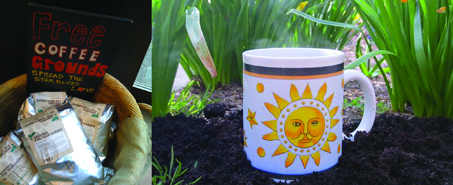 Image on the left shows a basket holding bags of coffee with a sign that says “Free coffee grounds. Spread the Starbucks love.” Image on the right shows a coffee mug sitting on the ground.