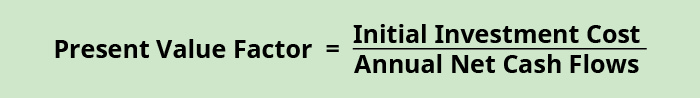 Present value factor equals initial investment cost divided by annual net cash flows.