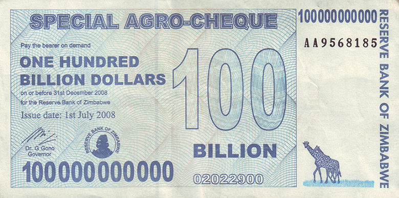 The image shows a photograph of Zimbabwean currency.