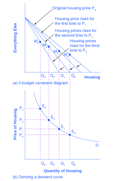 الدخل / يوضح الرسمان البيانيان كيف تؤثر قيود الميزانية على منحنى الطلب.