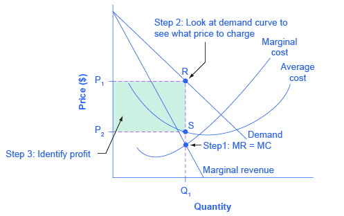 The graph shows monopoly profits as the area between the demand curve and the average cost curve at the monopolist’s level of output.