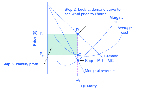 The graph shows monopoly profits as the area between the demand curve and the average cost curve at the monopolist's level of output.