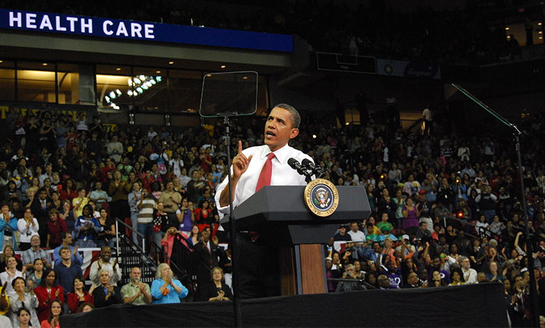 The picture is a photograph of President Barack Obama giving a speech on healthcare reform.
