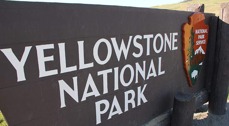 This image is a photograph of a sign for Yellowstone National Park.