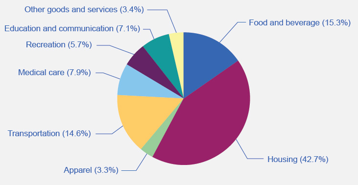 This pie chart shows the relative size of each of the eight categories used to generate the Consumer Price Index. The categories in order of highest to lowest are: housing, transportation, food and beverage, medical care, education and communication, recreation, apparel, and, finally, other goods and services.