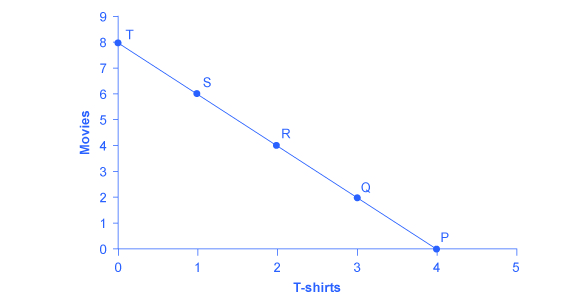 The points on the graph show how a budget is affected by spending choices. Spending more money at the movies (y-axis) means that Jose' has less money to spend on T-shirts (x-axis).