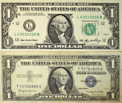 Two images are shown. The bottom image is a silver certificate—U.S. paper currency from 1957 or earlier. The top image is of a modern U.S. currency which no longer indicates that it is commodity-backed, but which is still legal tender for all debts.