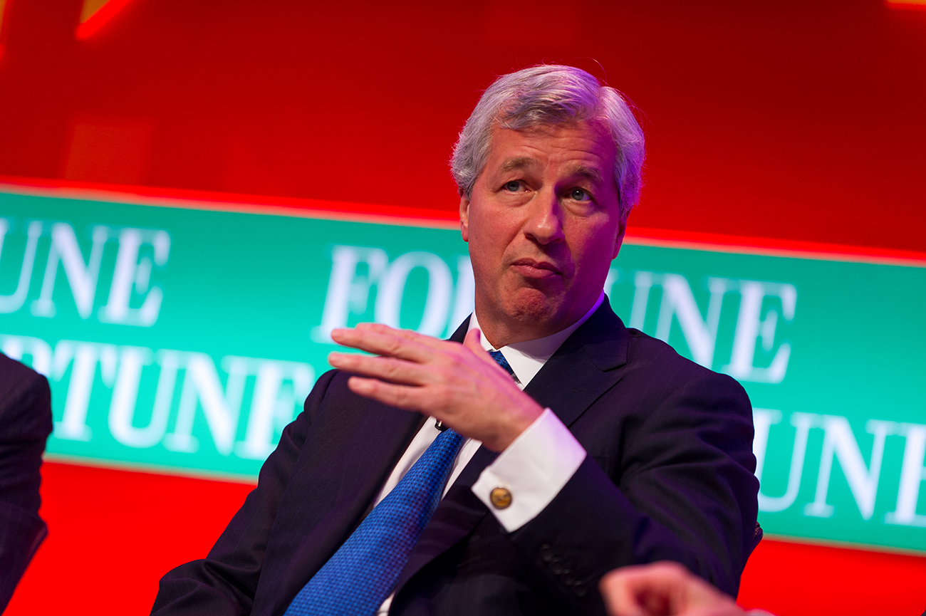 A photo shows Jamie Dimon addressing in a talk show.