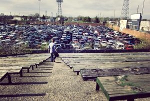 A car lot full of old cars.