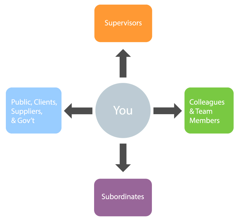 You have relationships with Supervisors; Colleagues and Team Members; Subordinates; and the public, clients, supplies, and government.