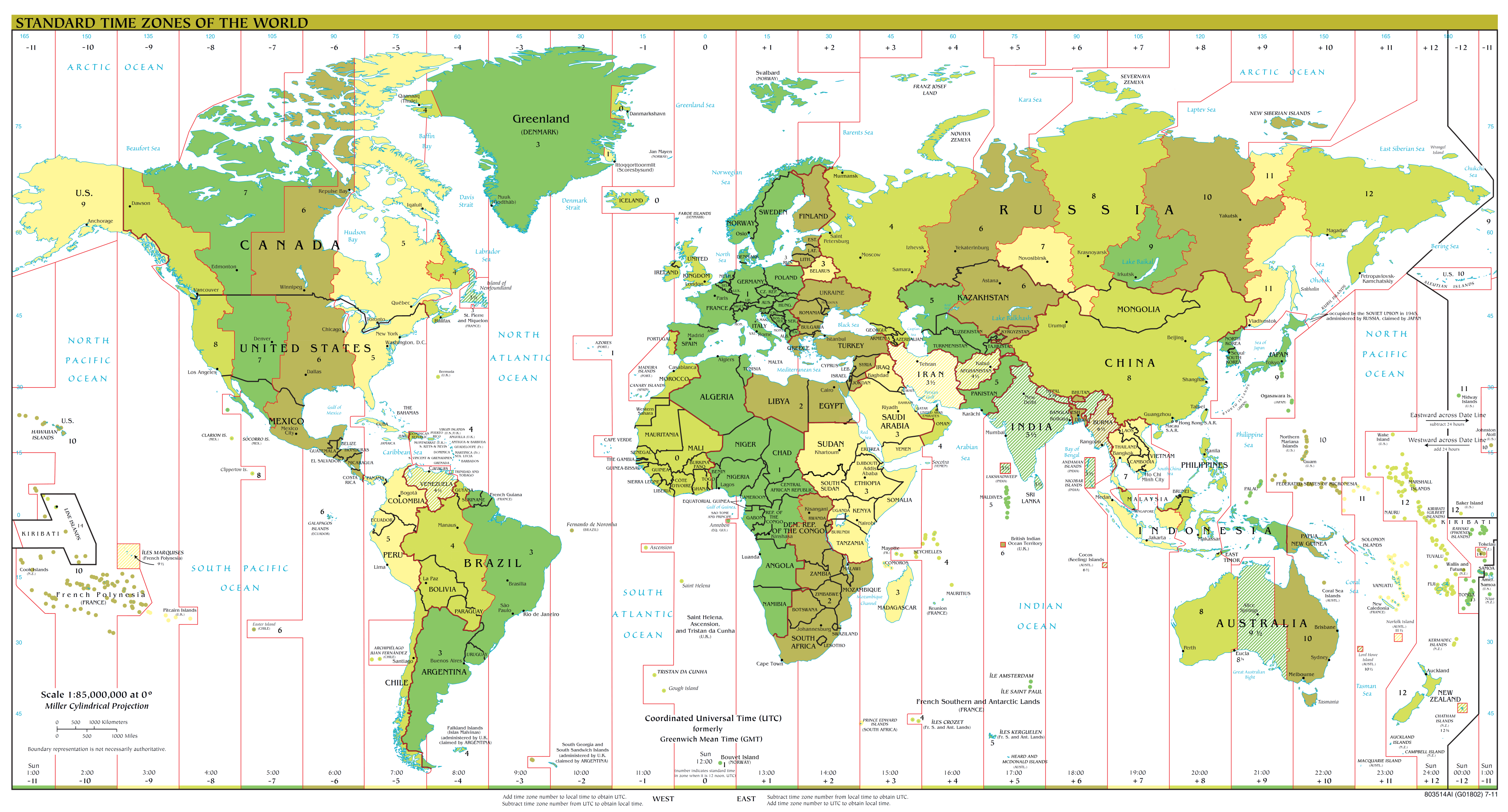 A map showing all continents and the different time zones