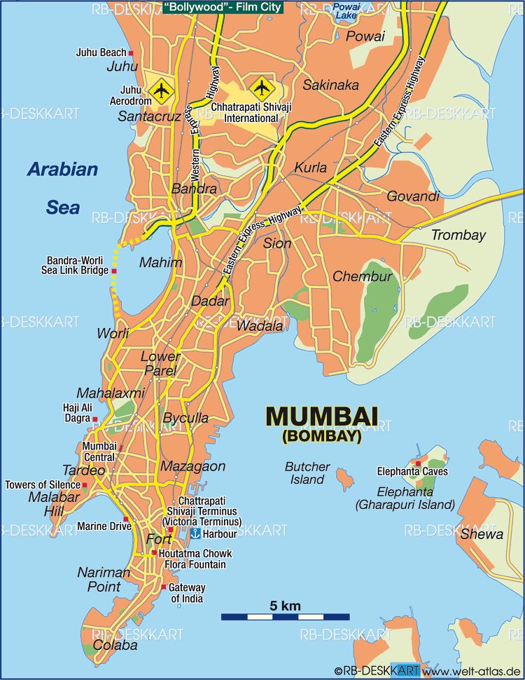 A map of a city on a peninsula, featuring two airports and small islands to the southeast.