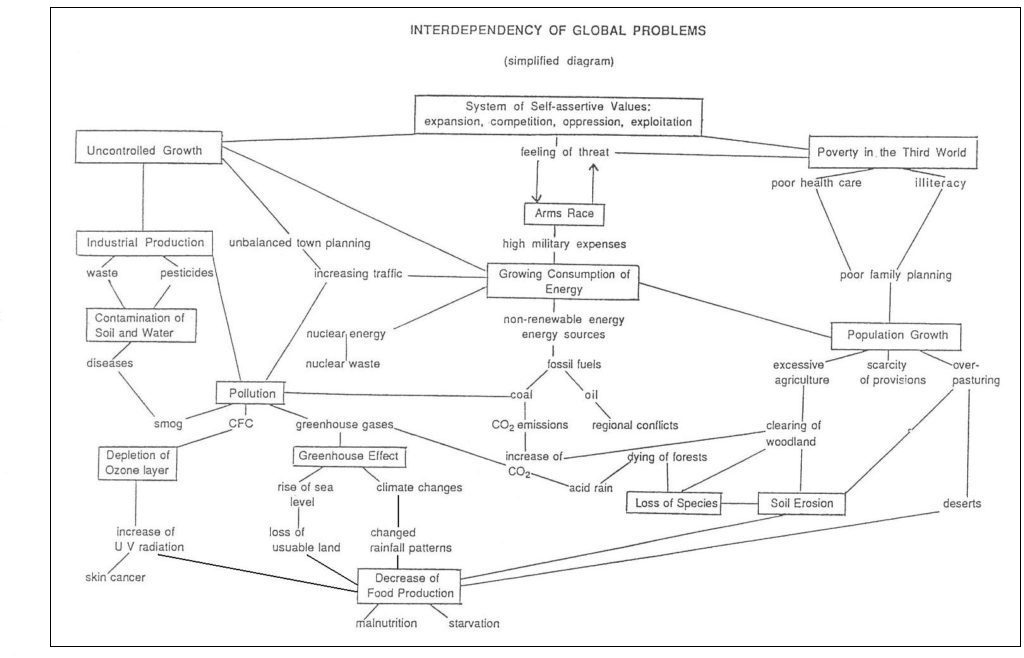 A web depicting the interdependency of global problems. Long description available.