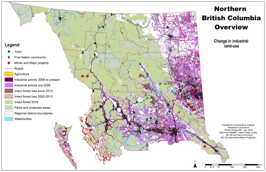 Map of industrial land use in northern B.C. over time. Long description available.