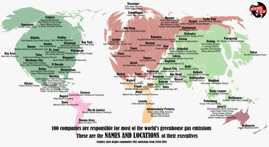 Map of the world showing cumulative CO2 emissions from 1850 to 2011. Long description available.