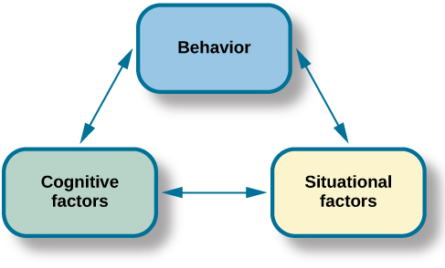 Three boxes are arranged in a triangle. There are lines with arrows on each end connecting the boxes. The boxes are labeled “Behaviour,” “Situational factors,” and “Personal factors".