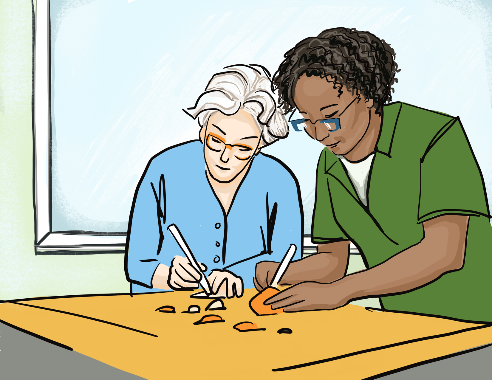 Two women work on a volunteer project together.