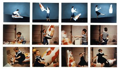 Displays three rows of four photos each. In the first row from left to right, an adult is seen sitting on a bobo doll, throwing a bobo doll, punching a bobo doll, and kicking a bobo doll. In the second and third rows, two different children are seen imitating the same actions.