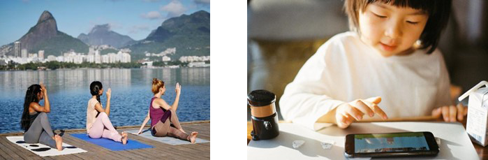 a) Three people doing yoga on a dock. b) A child using a smart phone.