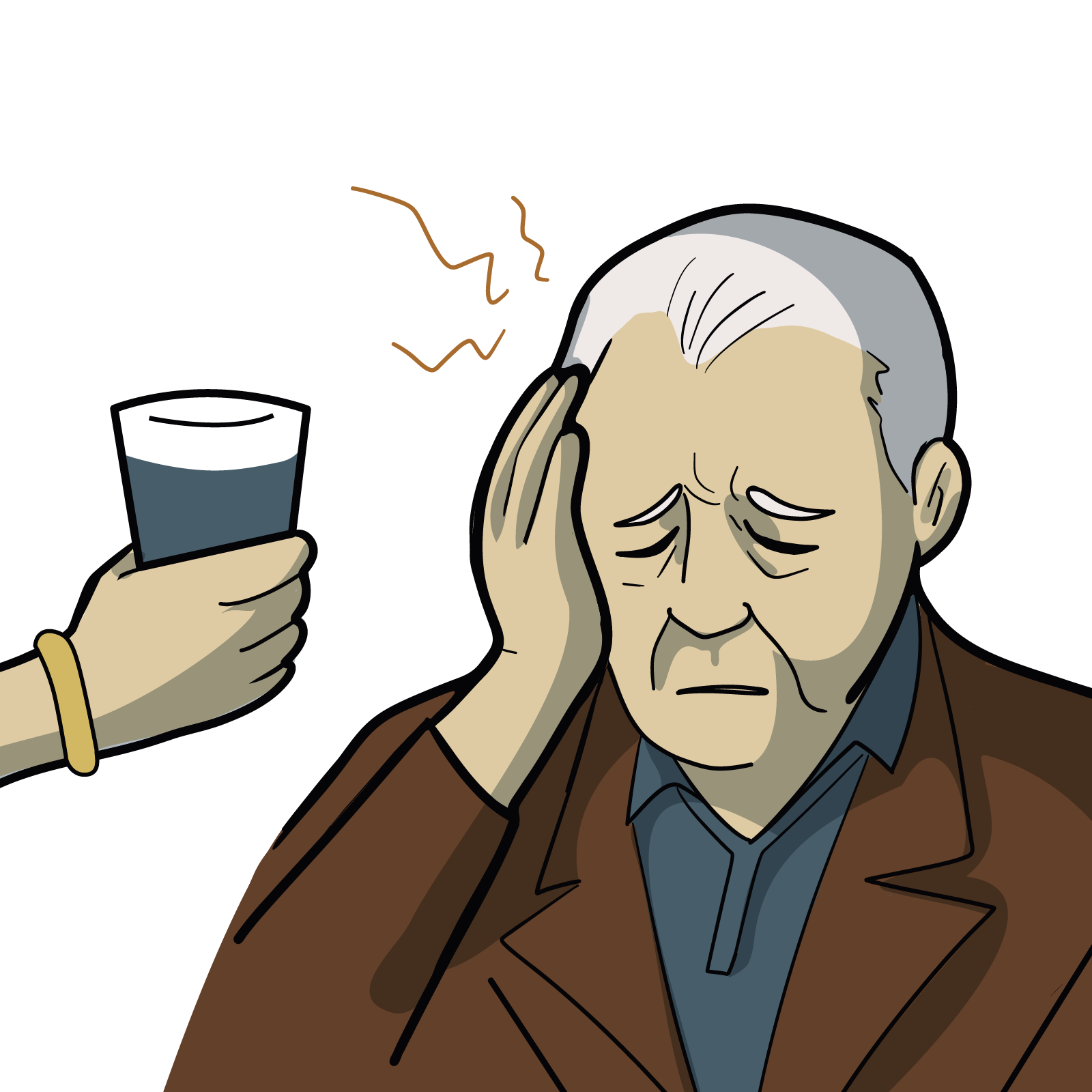 An elderly man suffers with a migraine while a family member stands by with a glass of water.