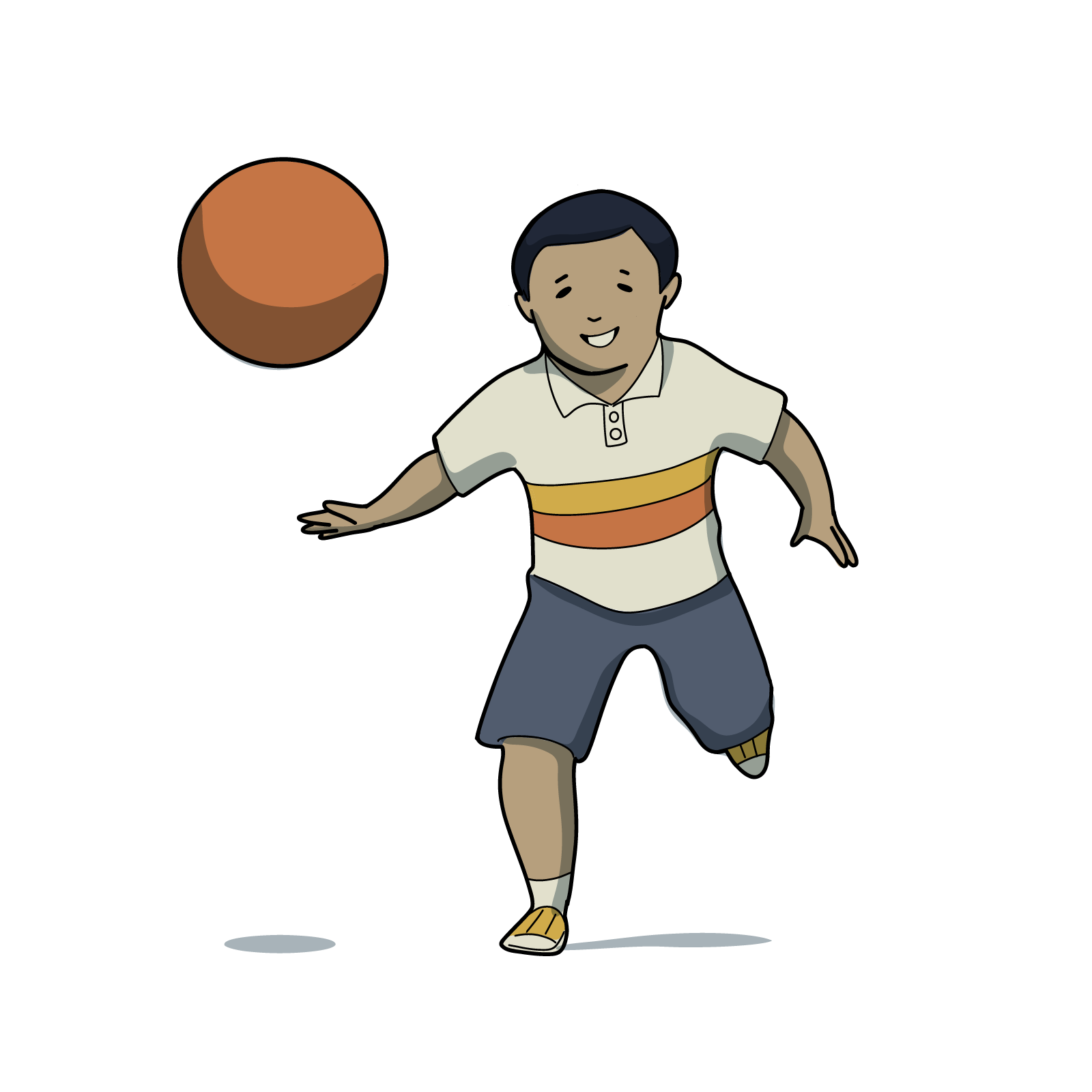 A child is running after an orange ball. 