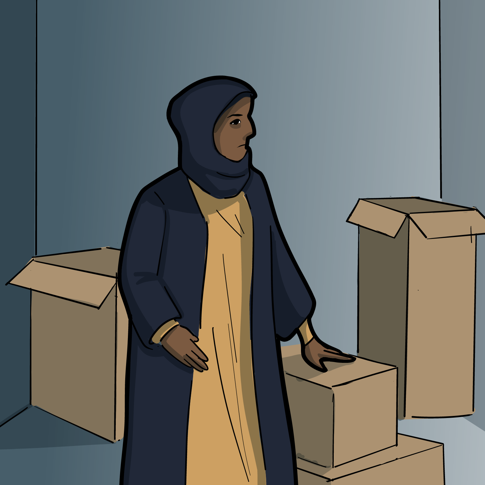 A student is standing with moving boxes. 