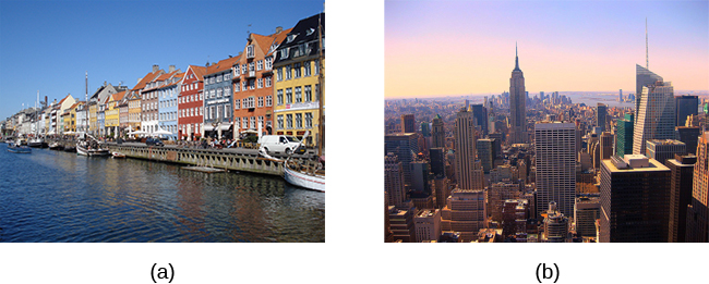 Photograph A shows a scenic view in Denmark. Photograph B shows a cityscape in the United States.