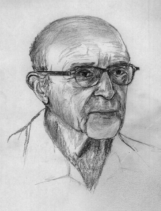 Pencil sketch of Carl Rogers, a middle-aged man wearing spectacles. 