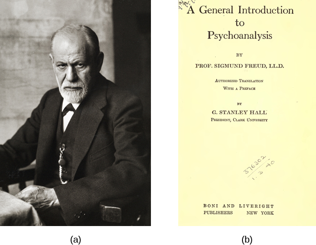 Photograph A shows Sigmund Freud seated at a desk in a suit. Image B shows the title page of his book, A General Introduction to Psychoanalysis.