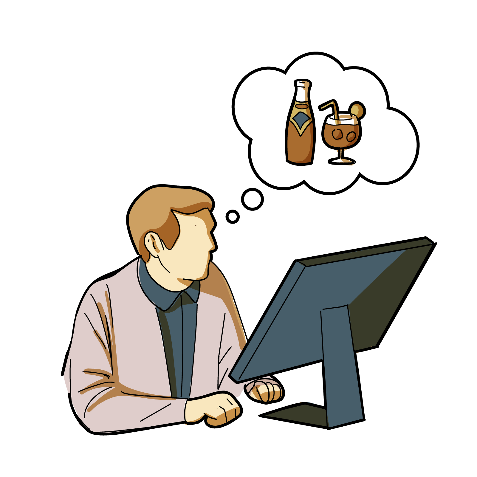 A student sits at their computer thinking about which beverage they prefer. 