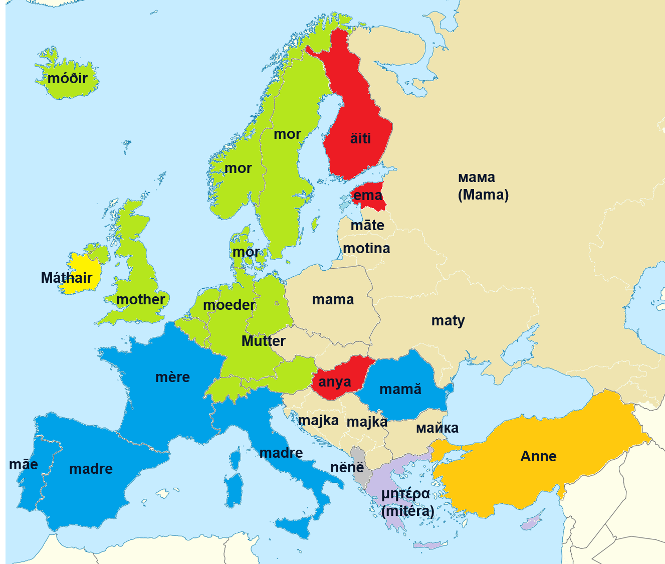 A map of european nations each divided by their respective borders, and matched with the word “mother” as it exists within each nation’s language. Colours are used to group similar sounding pronunciations of the word.