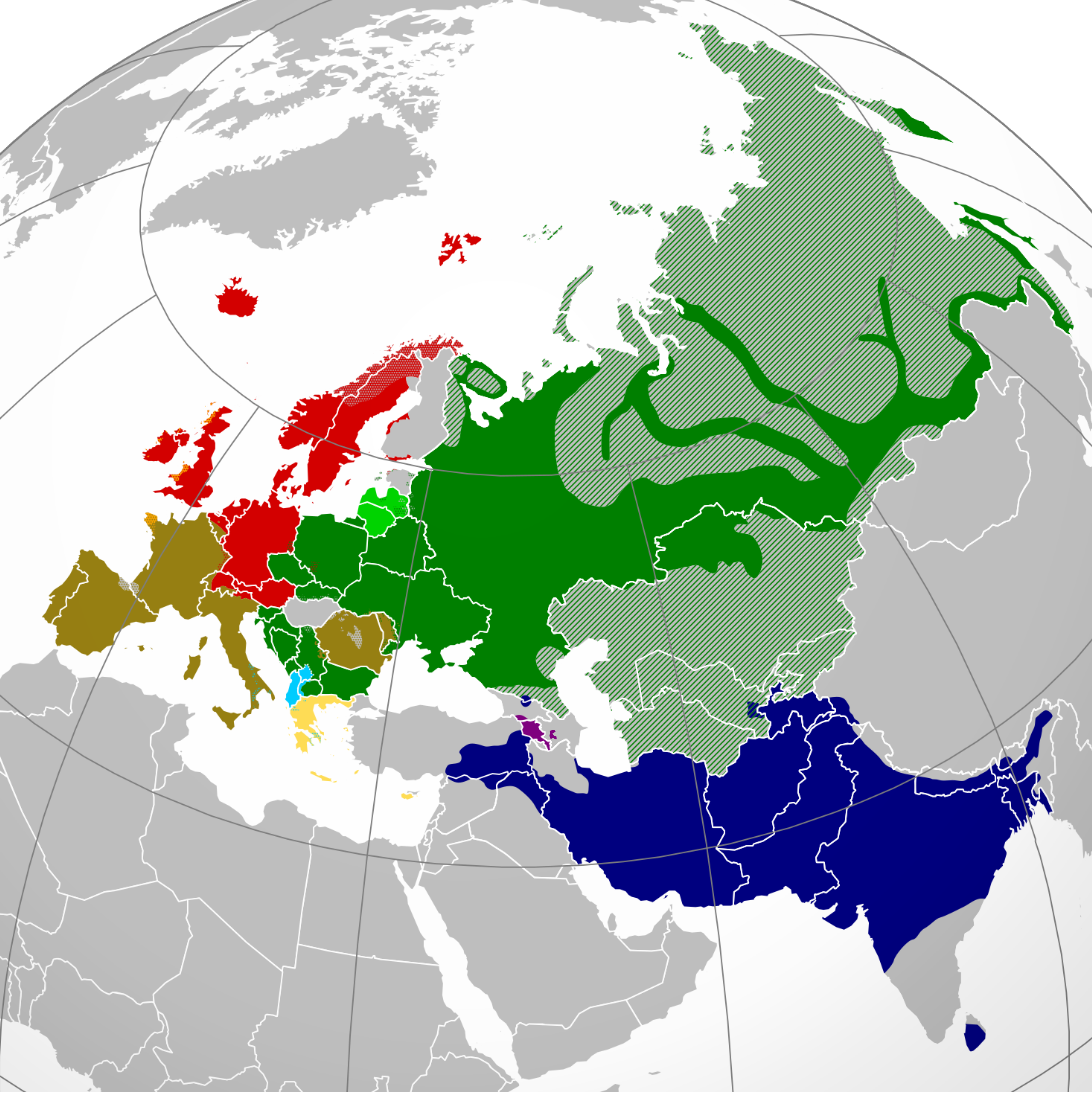 A map of eurasia, using colours to group together nations of smaller language families within the larger language family of PIE.