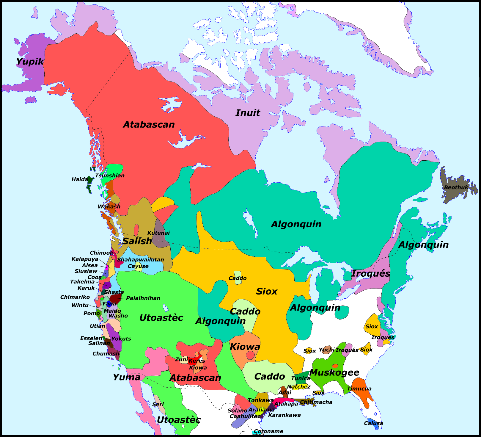 A coloured, labeled map of the North American language families according to the region in which they are spoken.