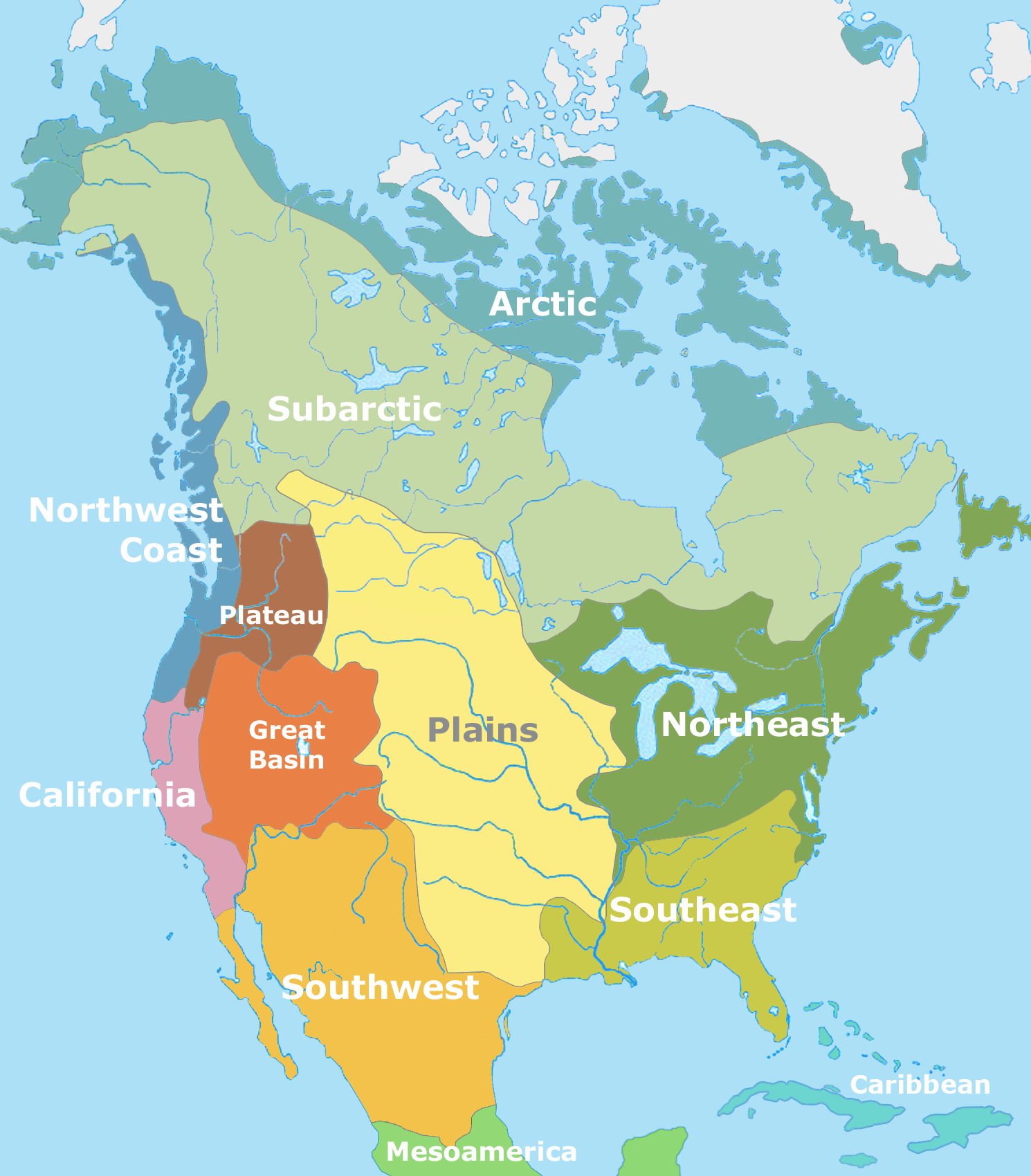 A coloured map of North America showing the six Indigenous cultural regions which codify the climate, outlook, and way of life of the people in them.