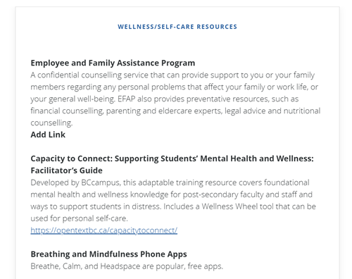 screenshot of wellness and self care resources for staff
