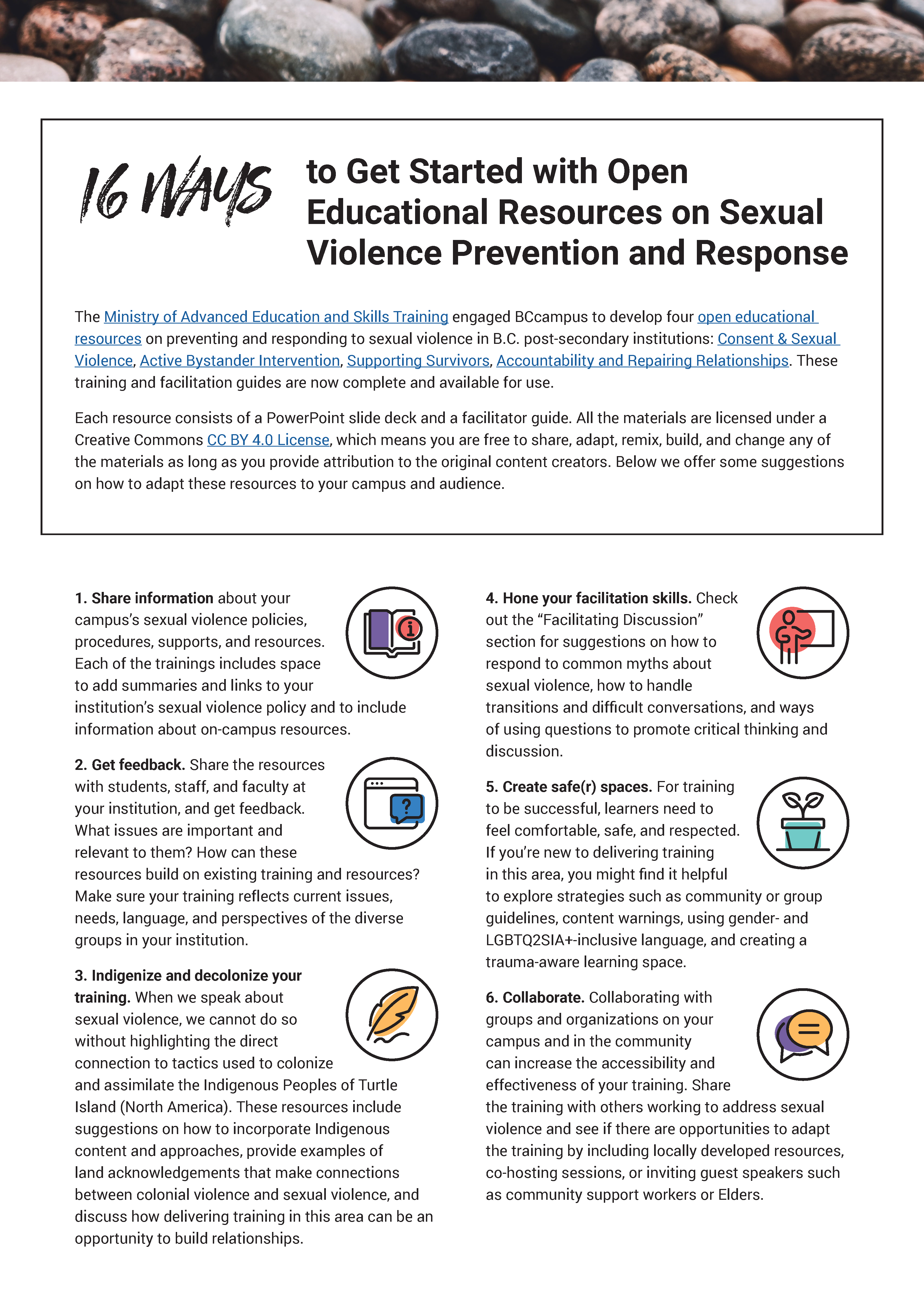 screenshot of the pdf: 16 ways to get started with Open Educational Resources on Sexual Violence Prevention and Response. PDF available for download in this chapter.