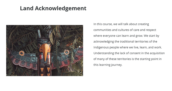 a screenshot of land acknowledgment in the course