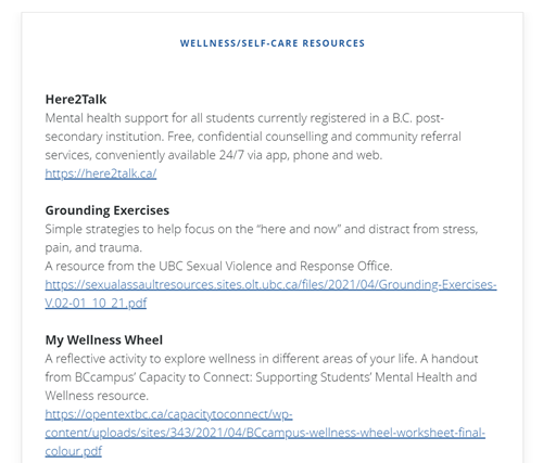 screenshot of wellness and self care resources for students