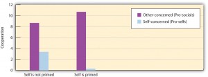 Figure 12.8. Priming Self-Concept. Priming the self-concept increased cooperation for those who were other-concerned but increased competition for those who were self-concerned. Data are from Utz (2004).