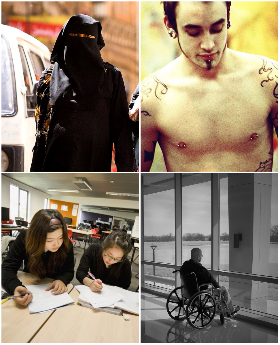 a woman wearing niqab face veil, a man with tattoos, Asian students studying, man on wheelchair